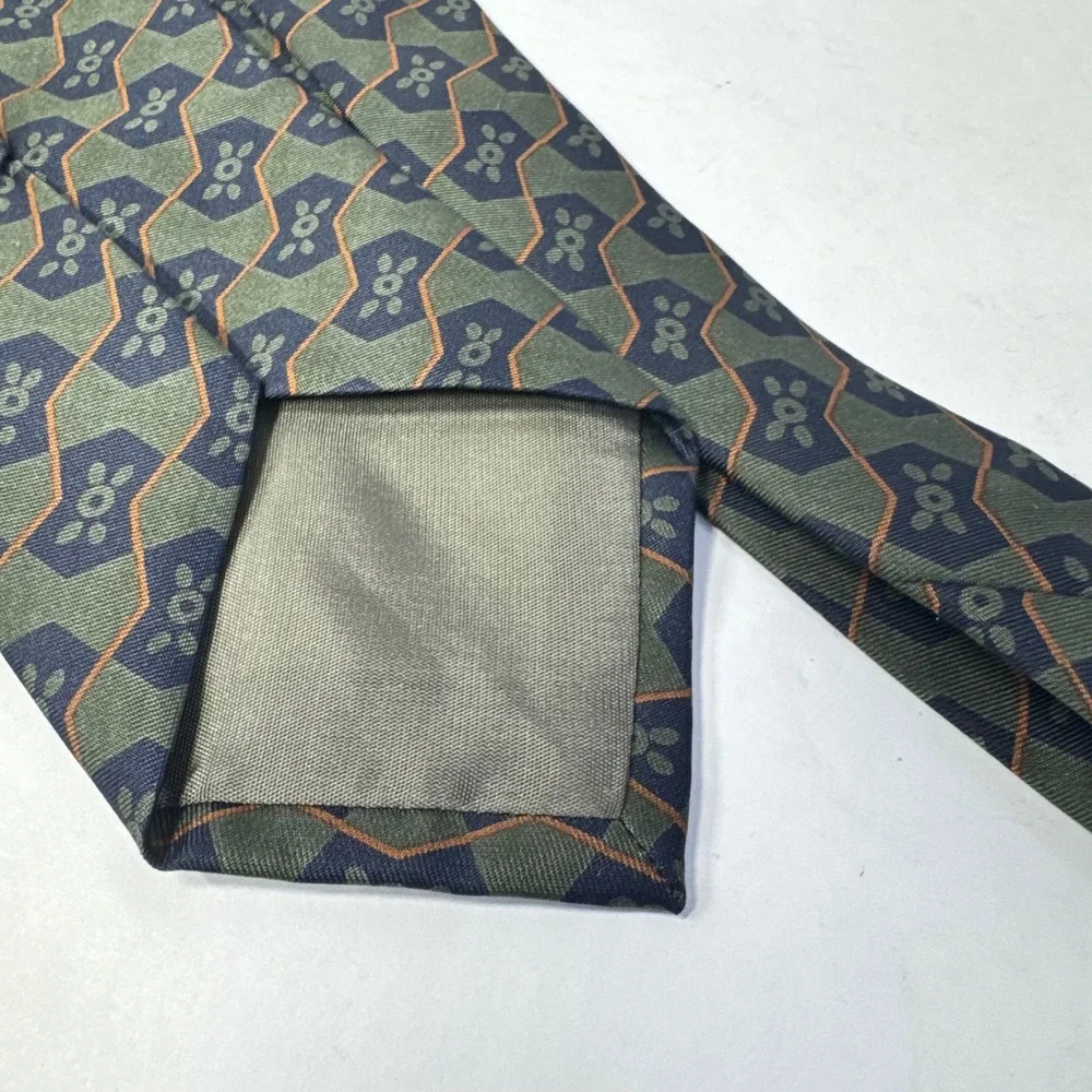 Vintage Giorgio Armani Men's Silk Necktie Green Blue Navy Geometric Classic 1980
